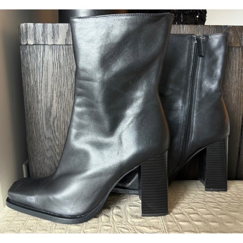 Zara Black Leather Heeled Ankle Boots Square Toe Block Heel Booties 3US 8